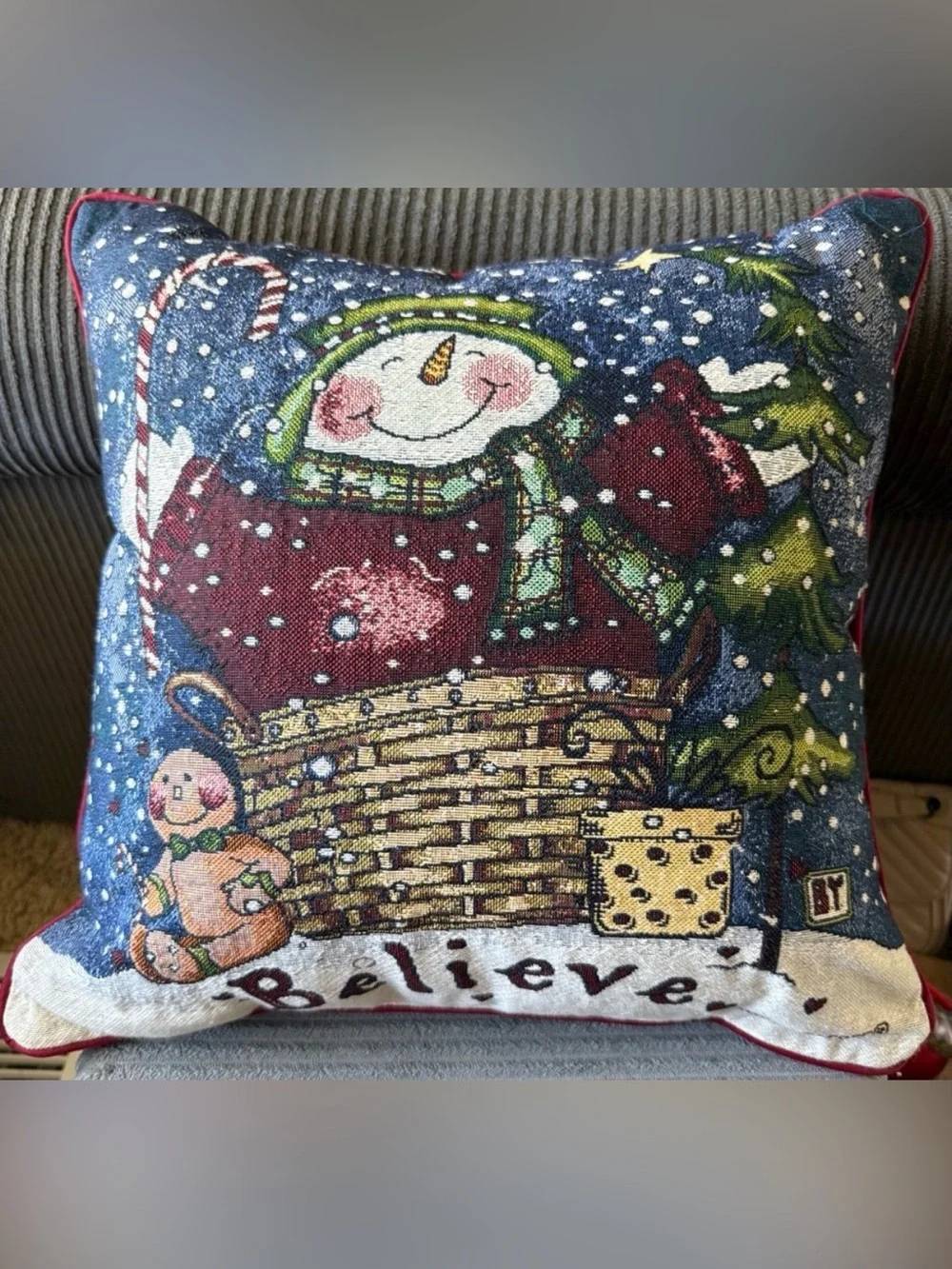 Longaberger Snowman Tapestry Gingerbread Holiday Pillow Red and Green Accents